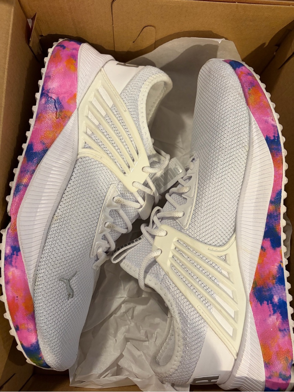 Puma White Knit Athletic Sneakers with Pink and Blue Marble Midsole